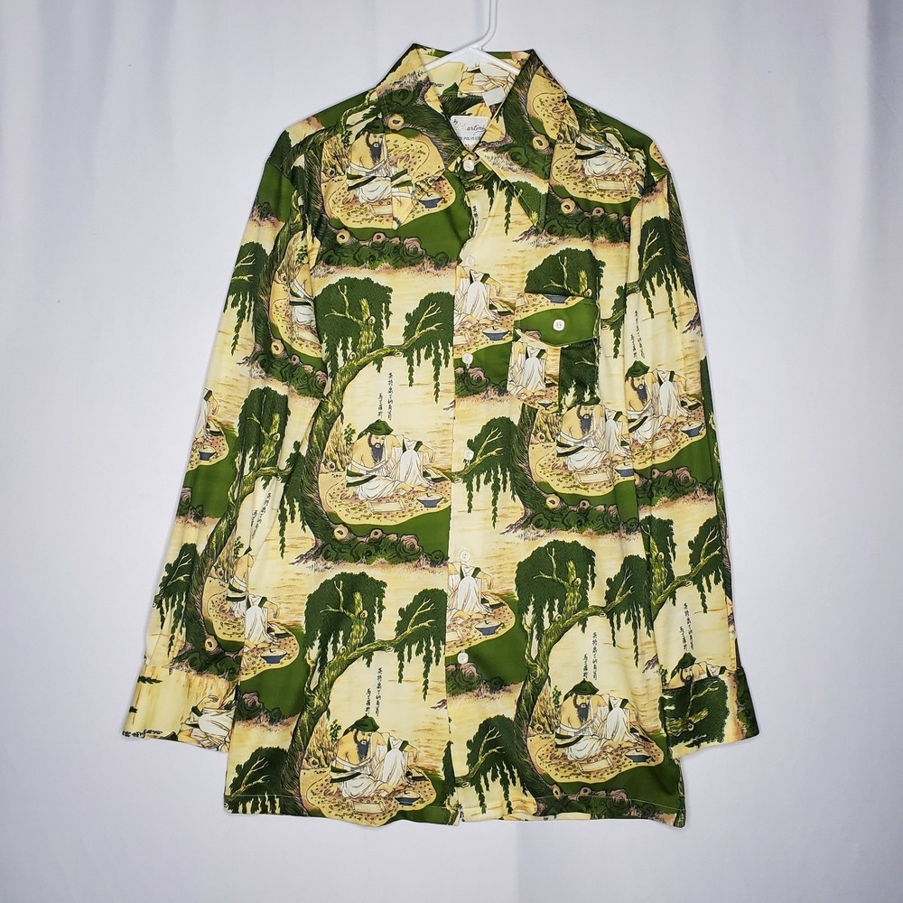 By Martini Vtg 70s Asian Inspired Disco Button Shirt Mens Point Collar Retro Zen